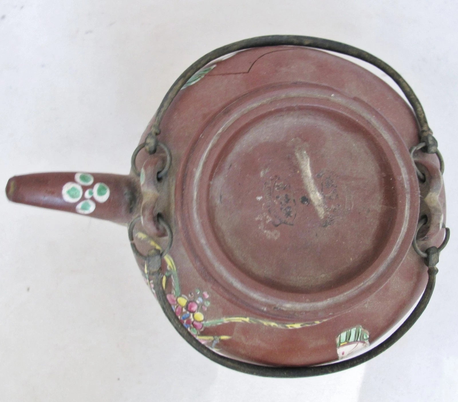 Big 7.7" Old Chinese YIXING Clay Teapot w/ Enameled Bird, Flowers & Dignitaries