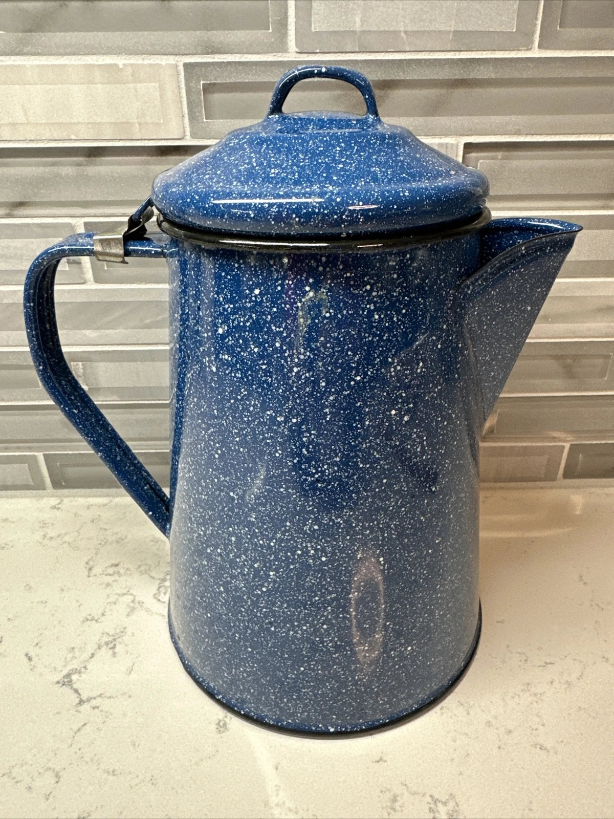 Vintage blue and white speckled enamel coffee/tea kettle 8” hiking camping RV