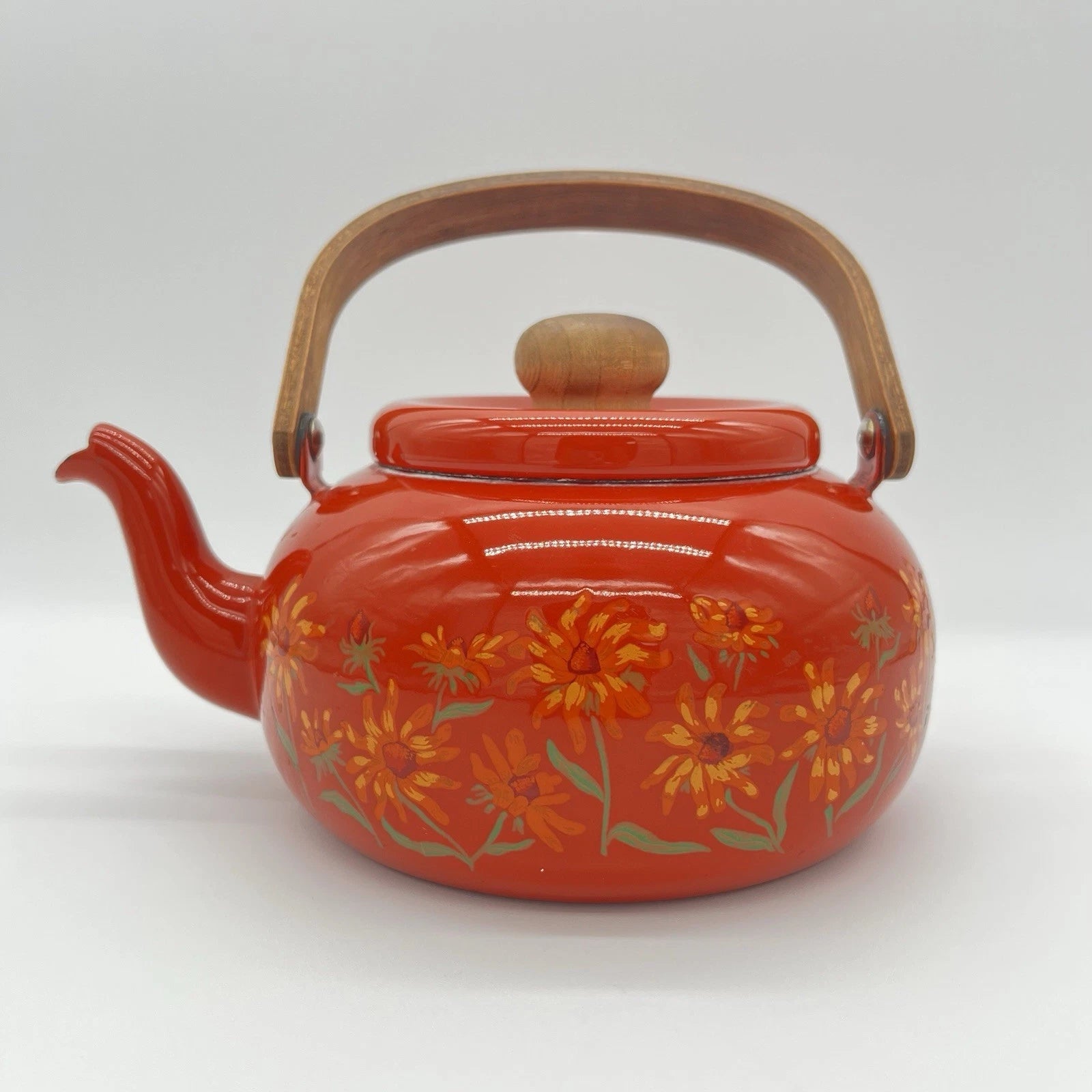 Boho Style VTG Enamel Tea Kettle Red Orange w Daisies & Teak Handle *DECOR ONLY*
