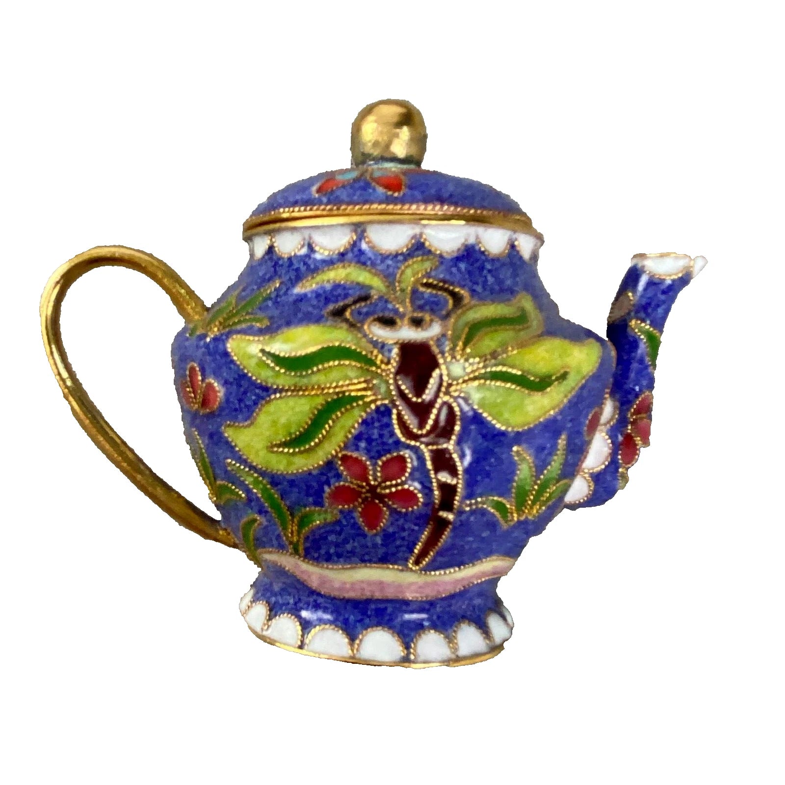 Vtg Miniature Cobalt Blue Enamel Gilded Cloisonne Floral Metal Back Teapot & Lid