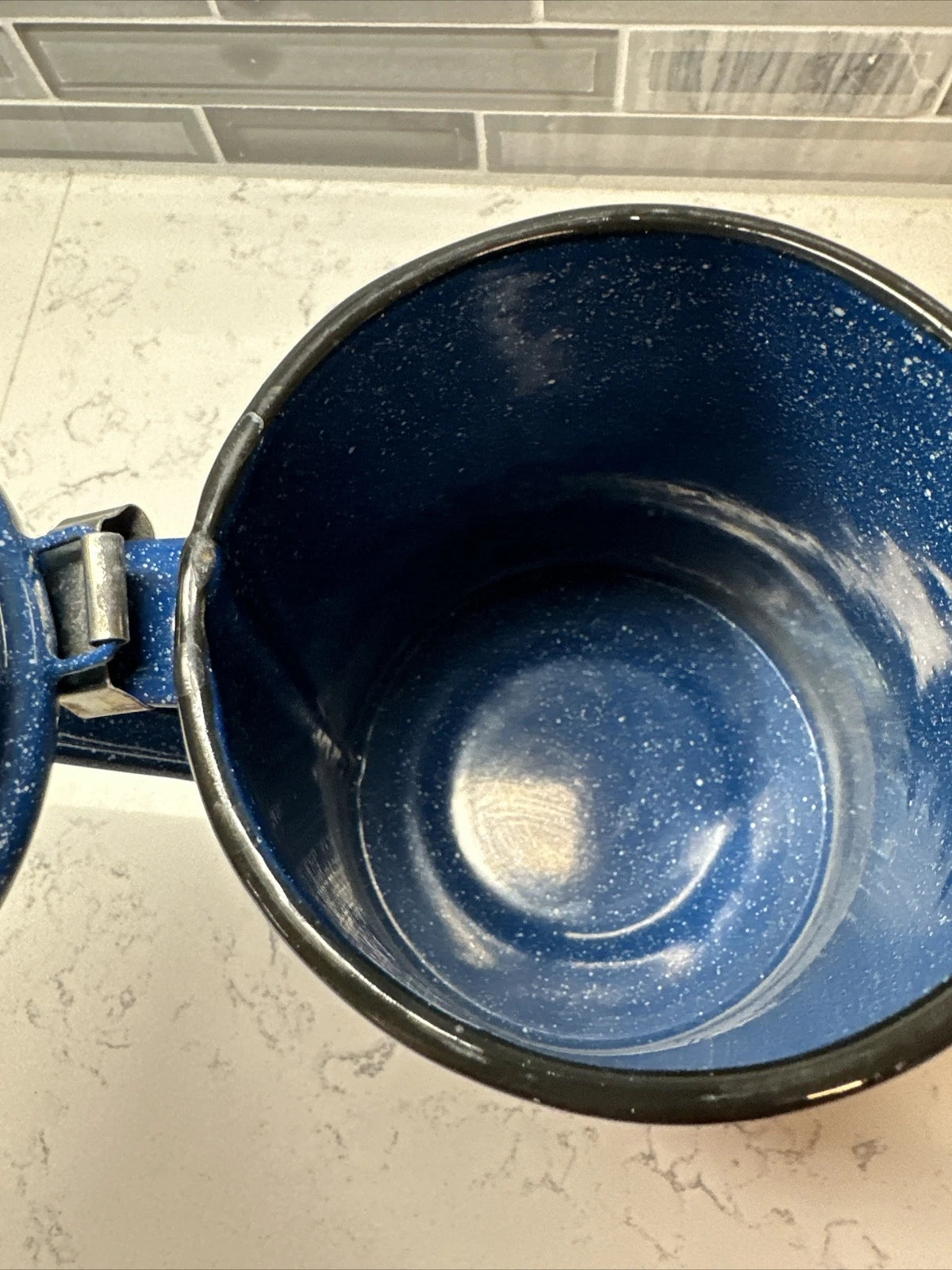 Vintage blue and white speckled enamel coffee/tea kettle 8” hiking camping RV