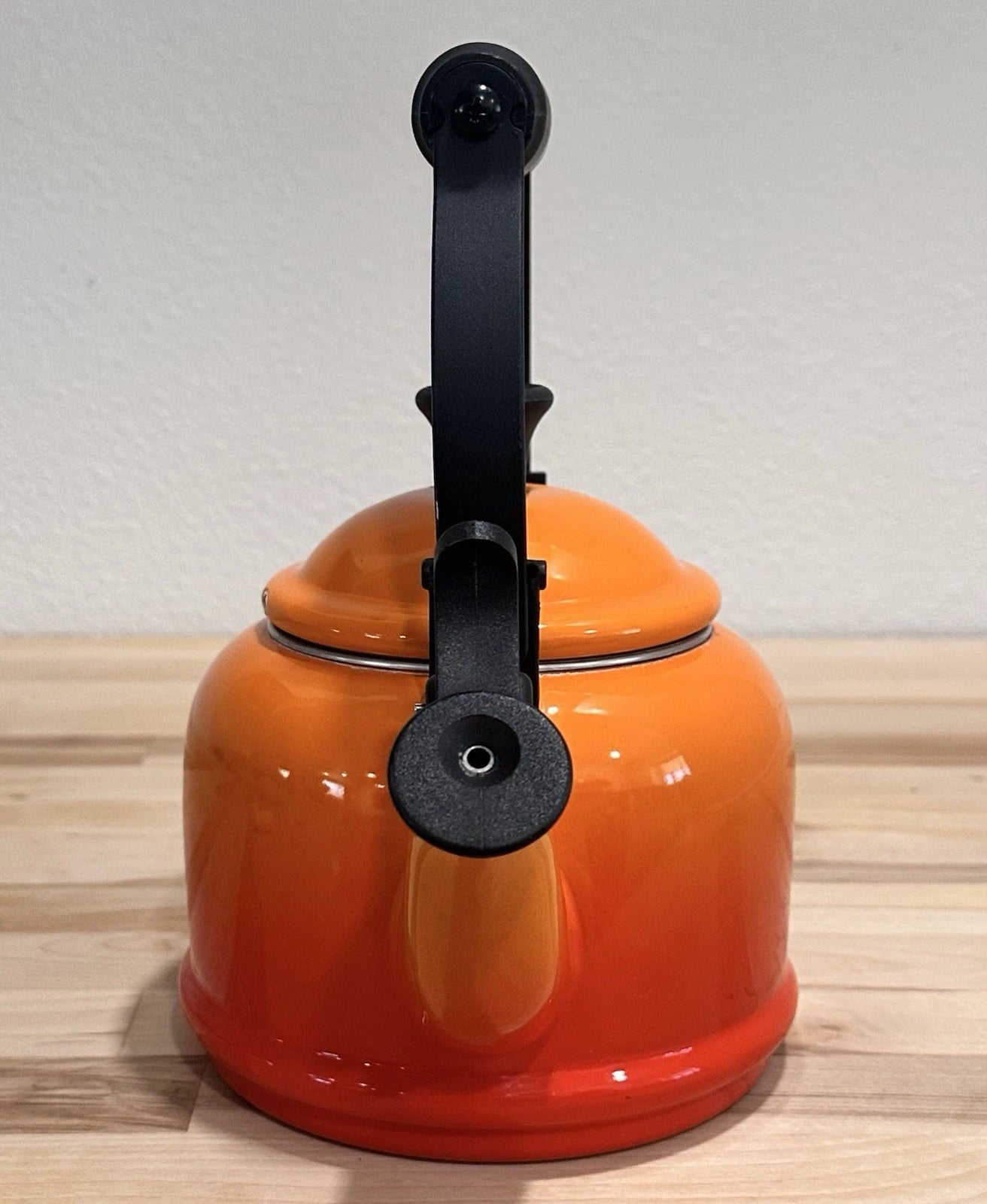 VTG Le Creuset Orange Flame Enamel Whistling Demi Kettle Teapot 1.25 Qt Pls READ