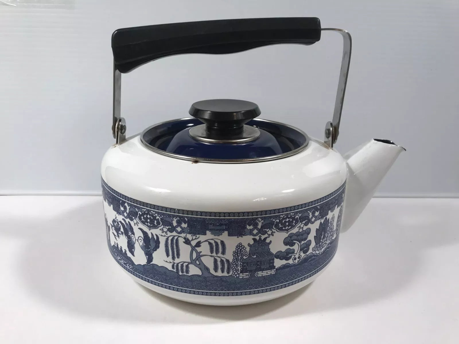 Vintage Blue Willow TEA KETTLE Howard Holt Porcelainized Steel 1960's #2 Unused