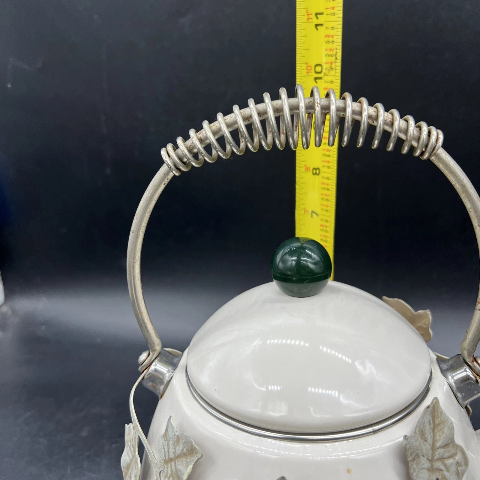 VTG Via Ancona White Enamel Whistling Tea Kettle Ivory, Green Knob Ivy Garland