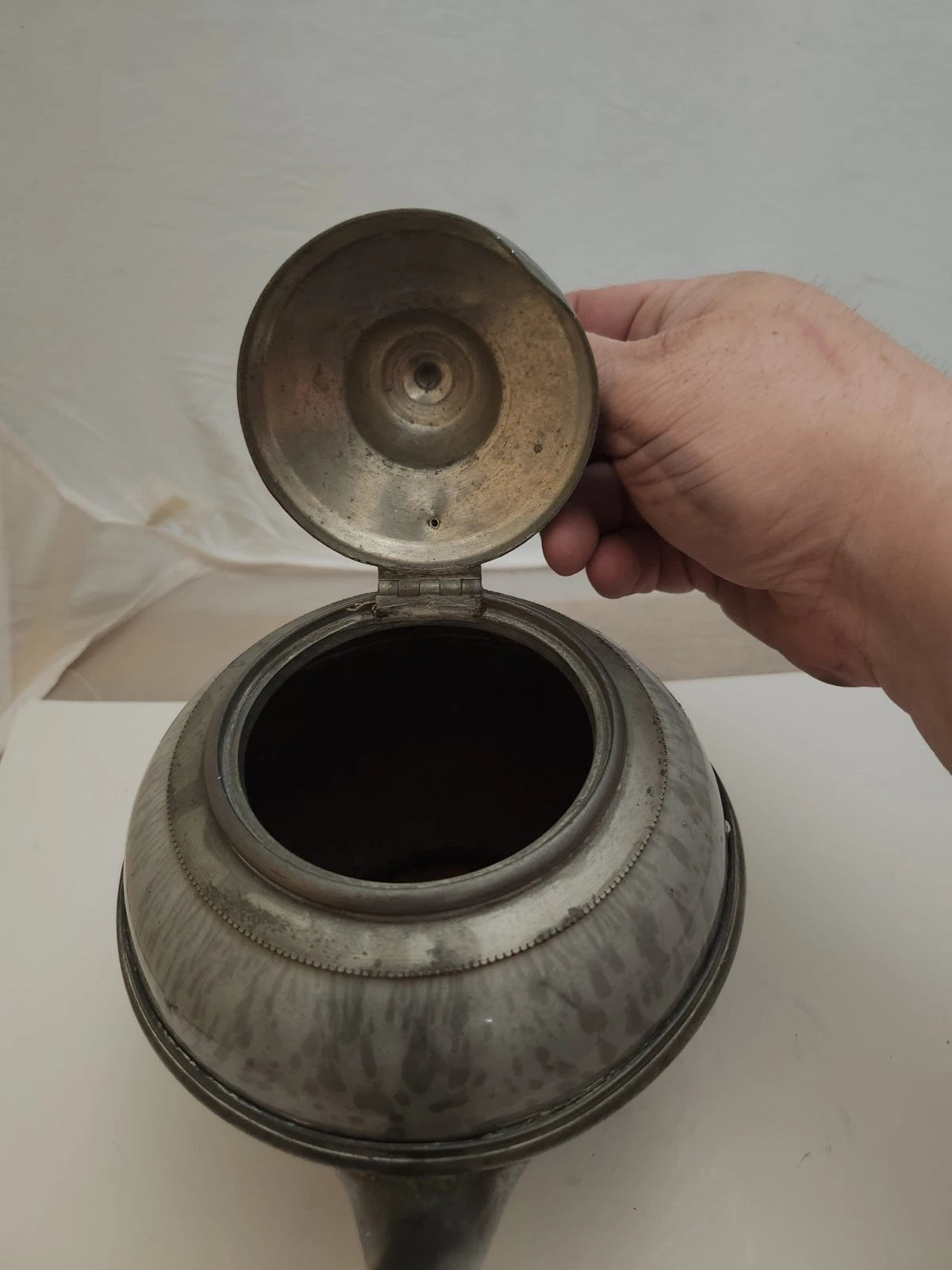 Mid 1880's Grey Graniteware Ironware Pewter & Brass Trimmed Teapot Enamel Ware