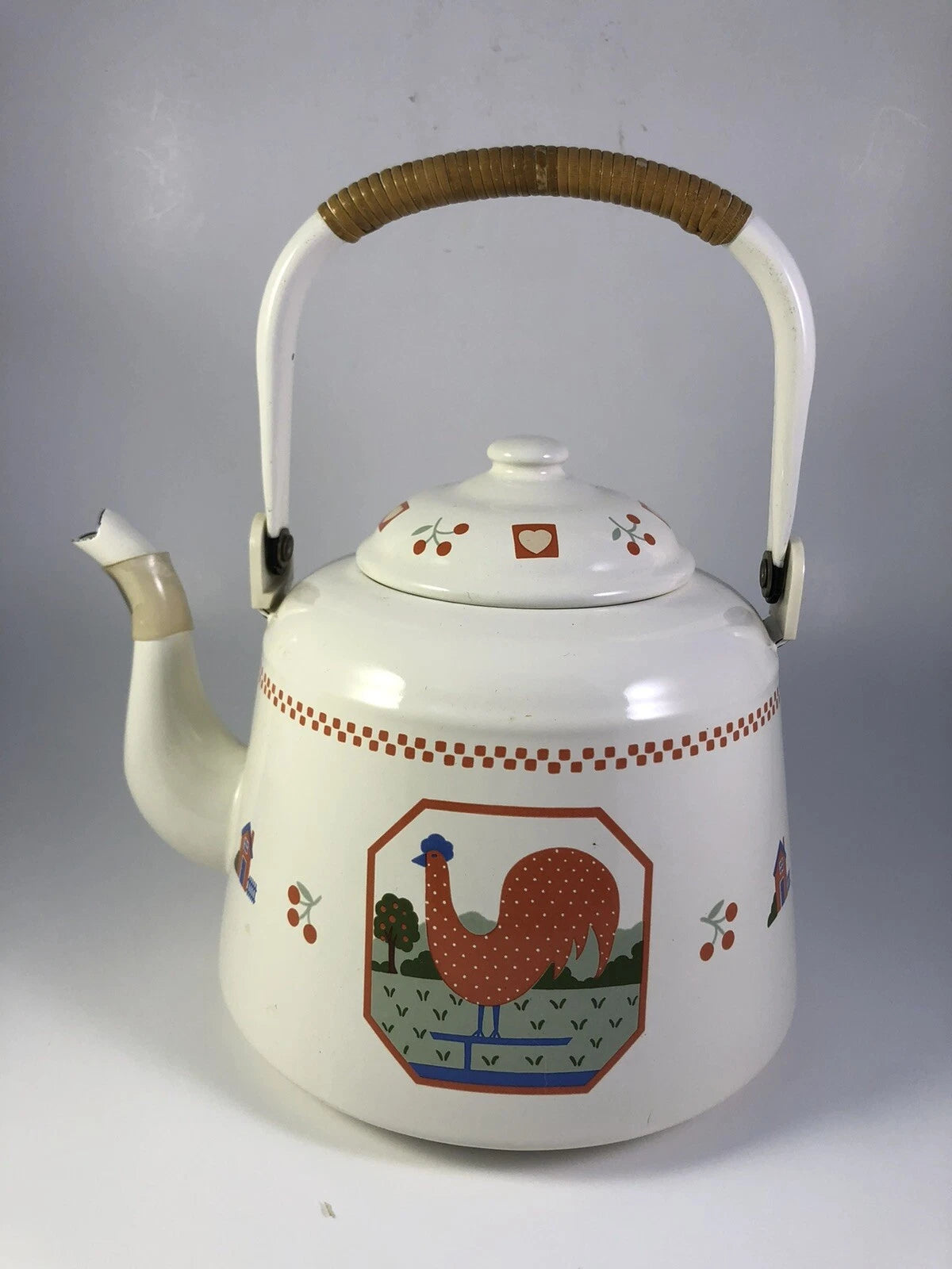 Vintage Raintree Heart And Home Collection enamel Farm Scene 1.5 Qt Teapot Japan