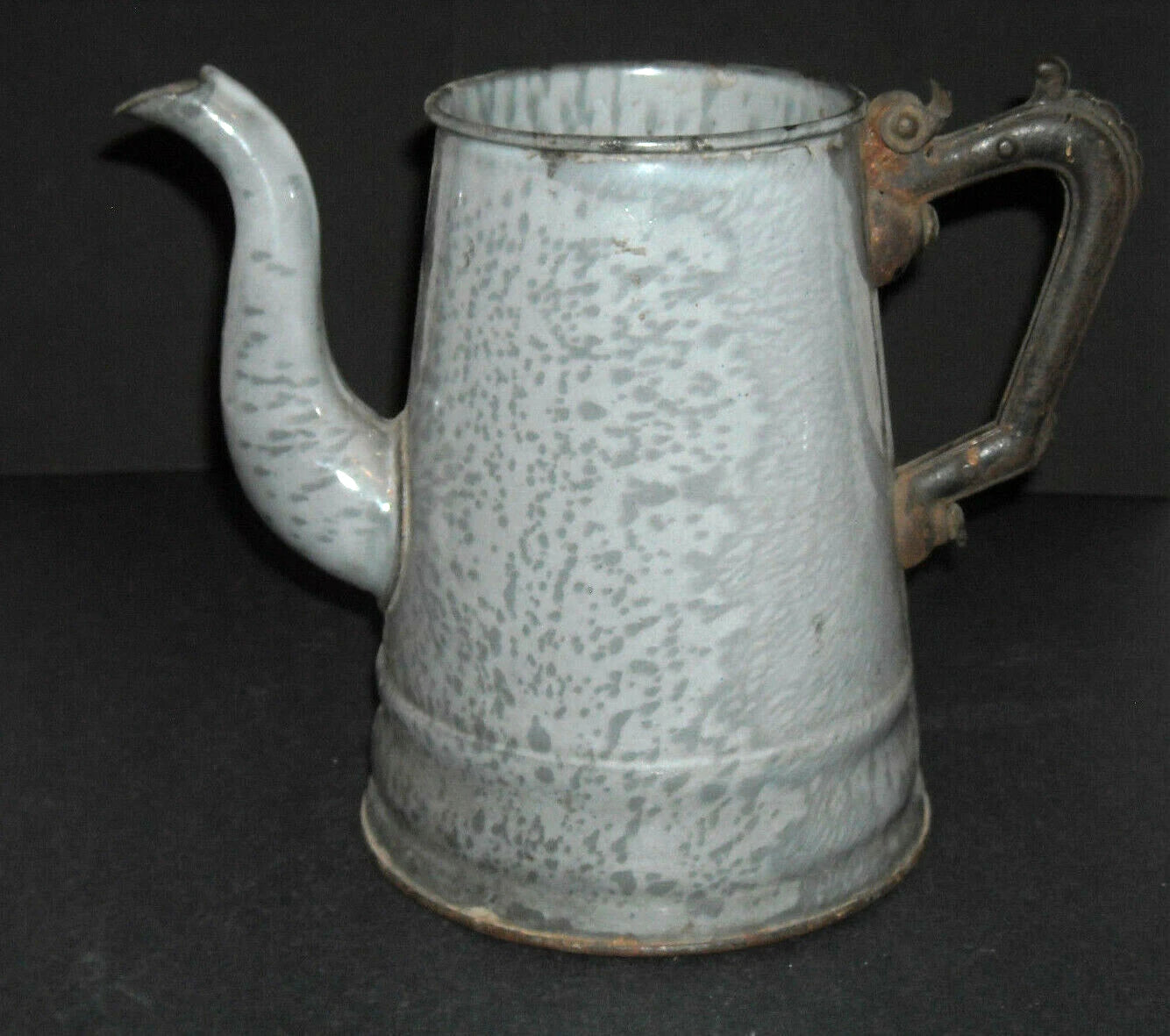 Early Grey Graniteware Teapot Enamel Ware - Primitive Elaborate Metal Handle