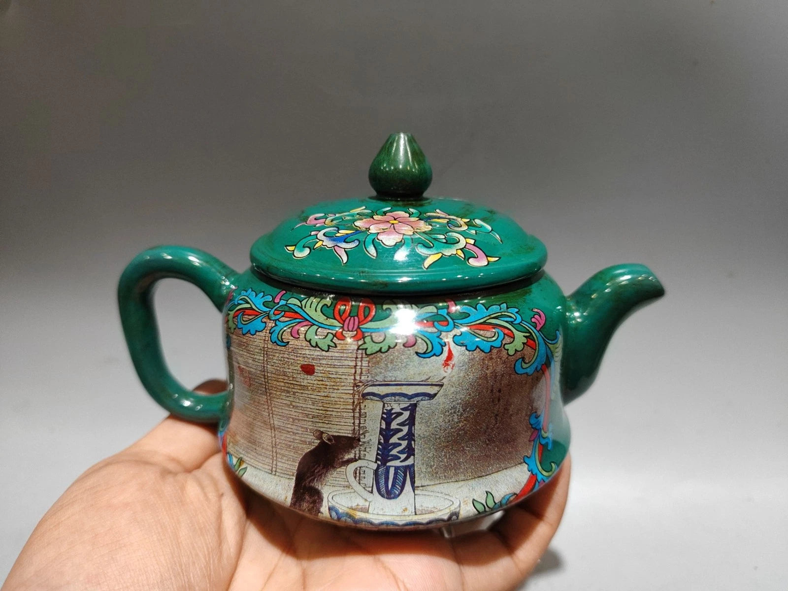 Chinese Purple Clay Pot Health Trays Figurine Enamel Painted Carved Floral