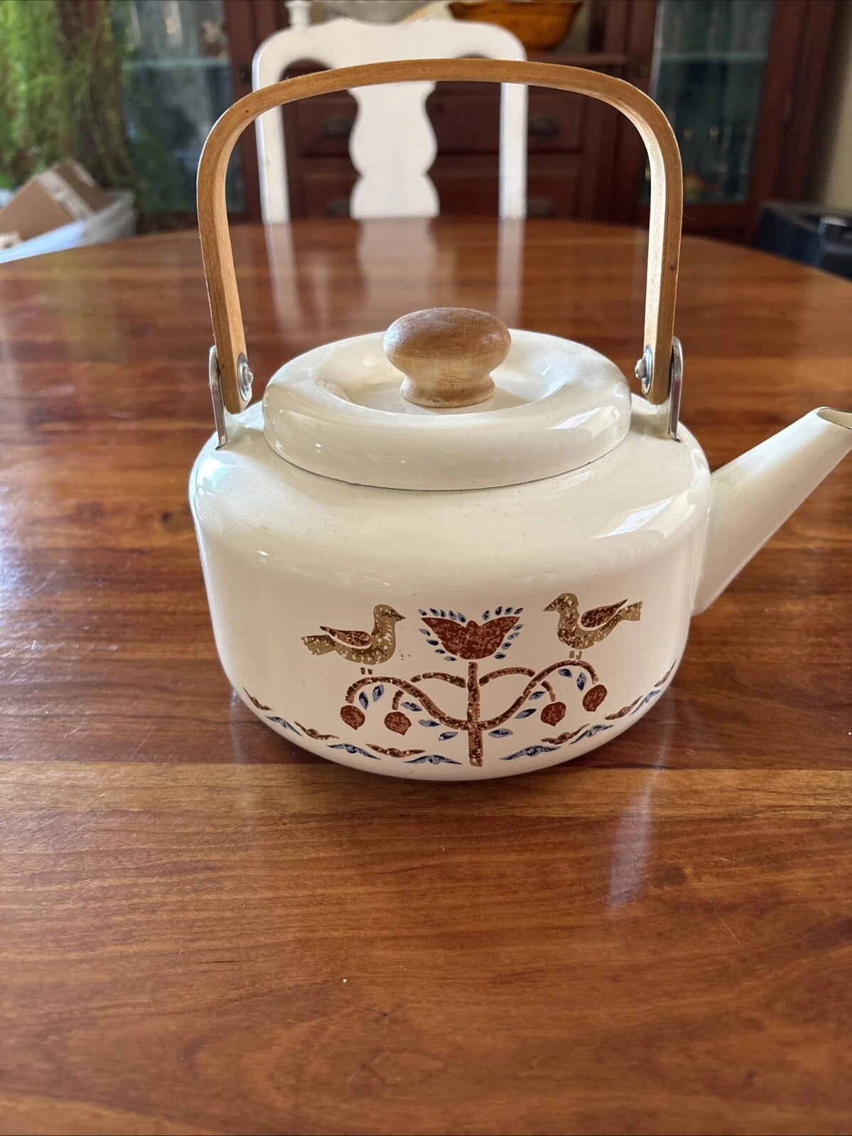 Vintage 1980s Country Geese Metal Enamel & Wood Tea Kettle