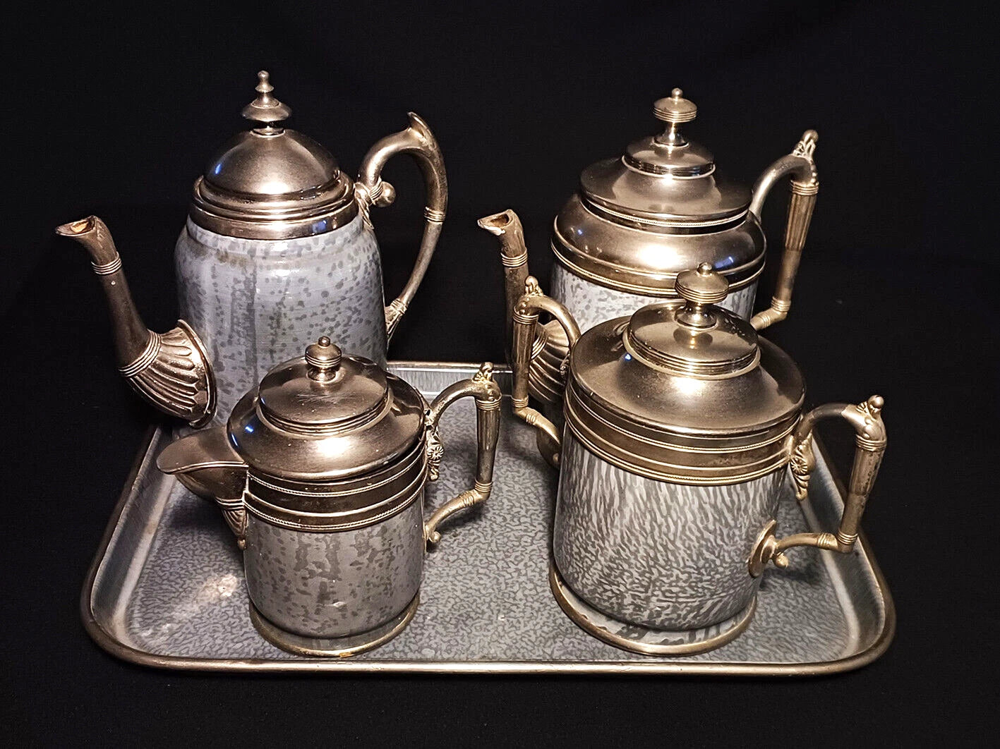 Antique Manning Bowing Gray Graniteware Enamelware Pewter Tea Coffee Set