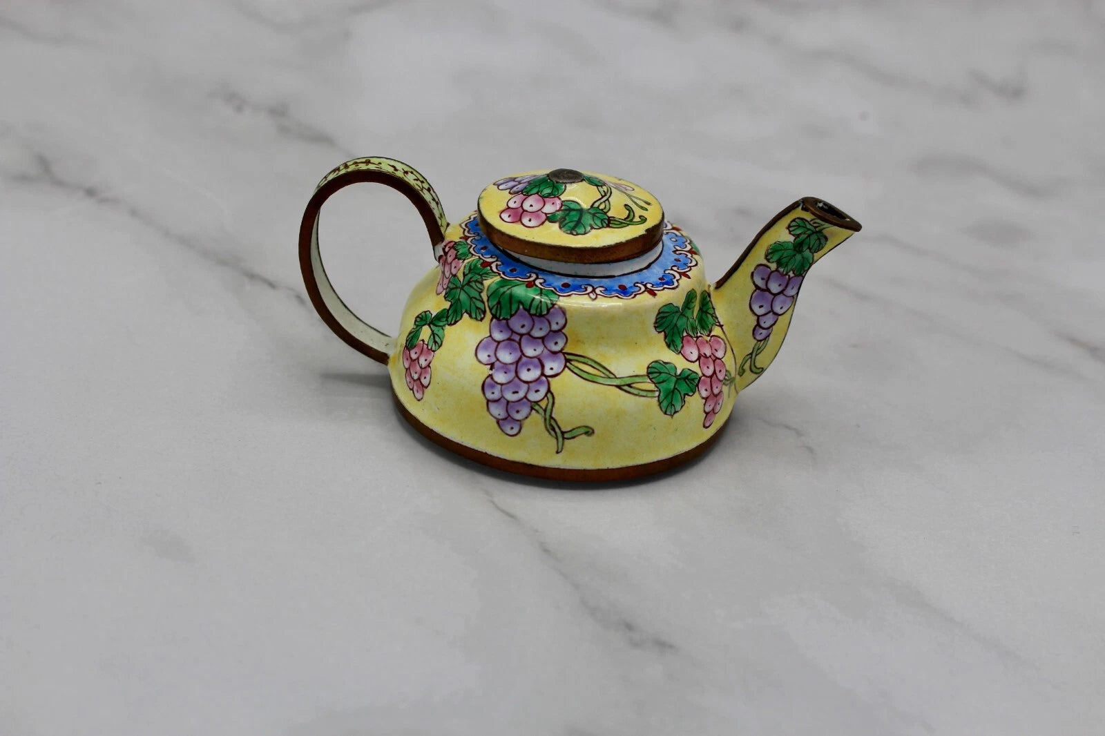 Cute Small Enamel on Copper Teapot Figurine