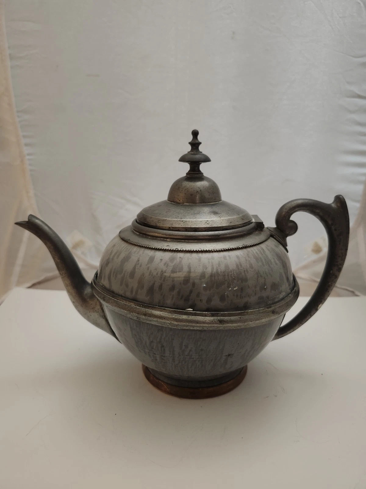 Mid 1880's Grey Graniteware Ironware Pewter & Brass Trimmed Teapot Enamel Ware