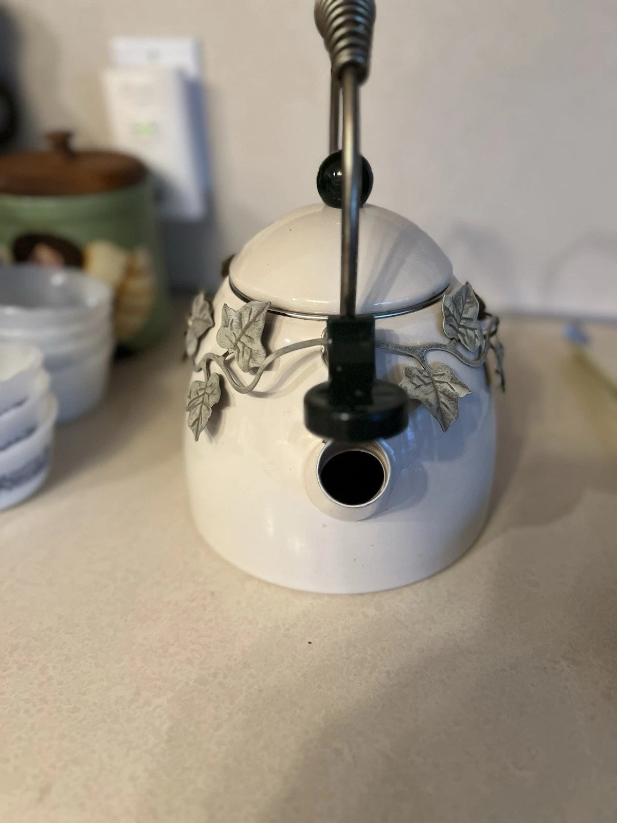 Enamel Whistling Tea Kettle Via Ancona White Ivory, Green Knob Ivy Garland