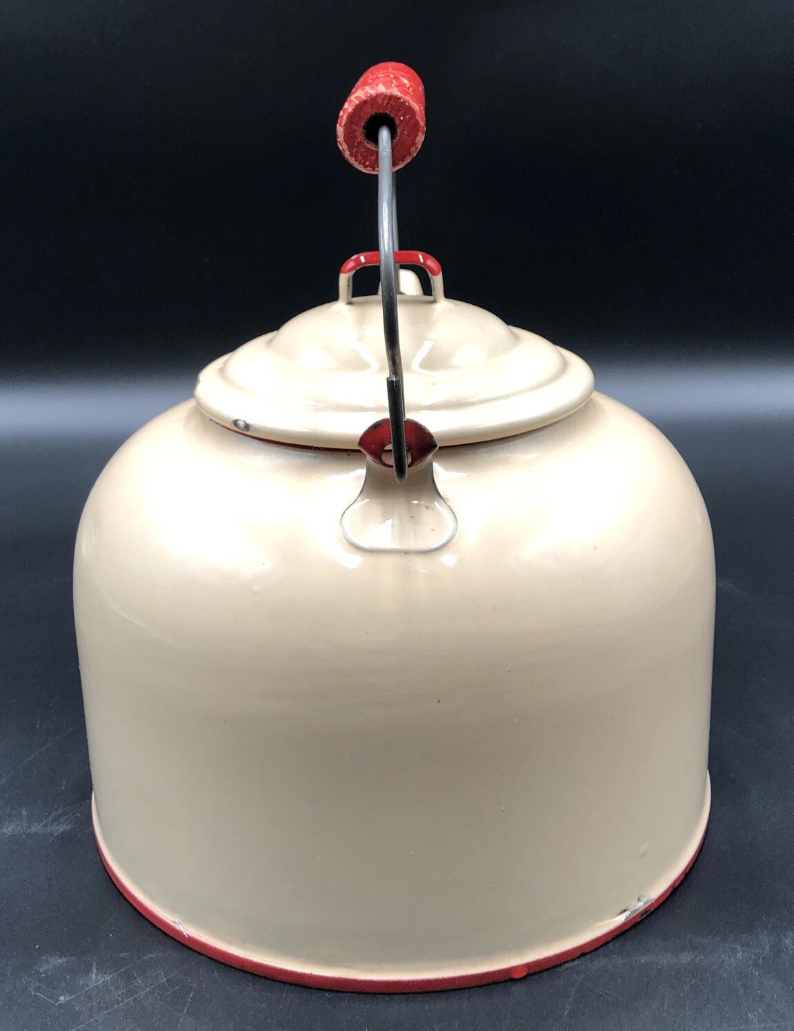 Vintage Enamel Large Tea Kettle, Beige With Red Trim And Red Handle