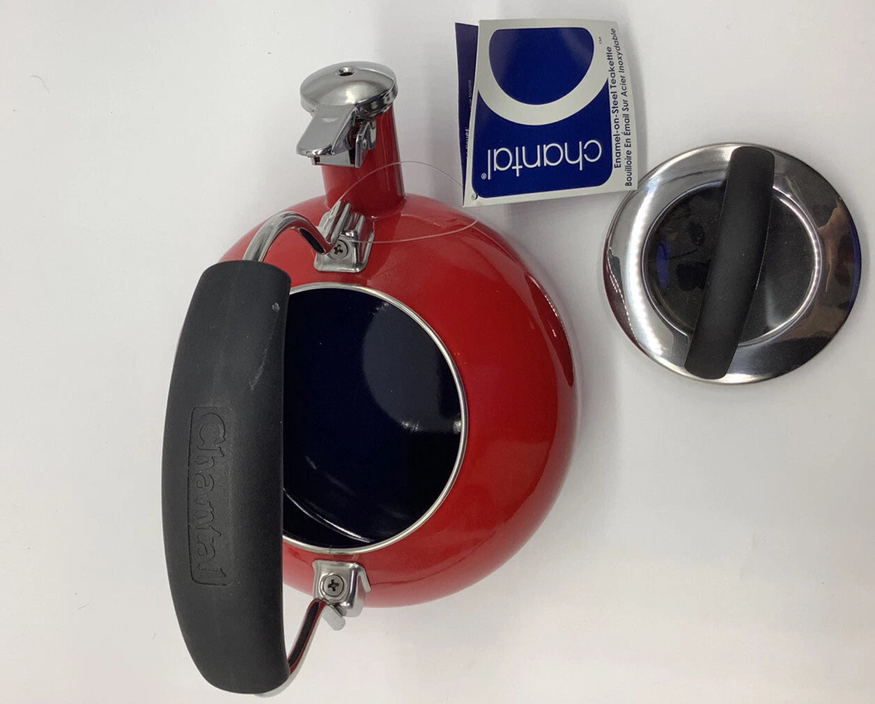 Chantal Whistling Tea Kettle Teapot Red & Silver Enamel 1.8 Quart New With Flaw