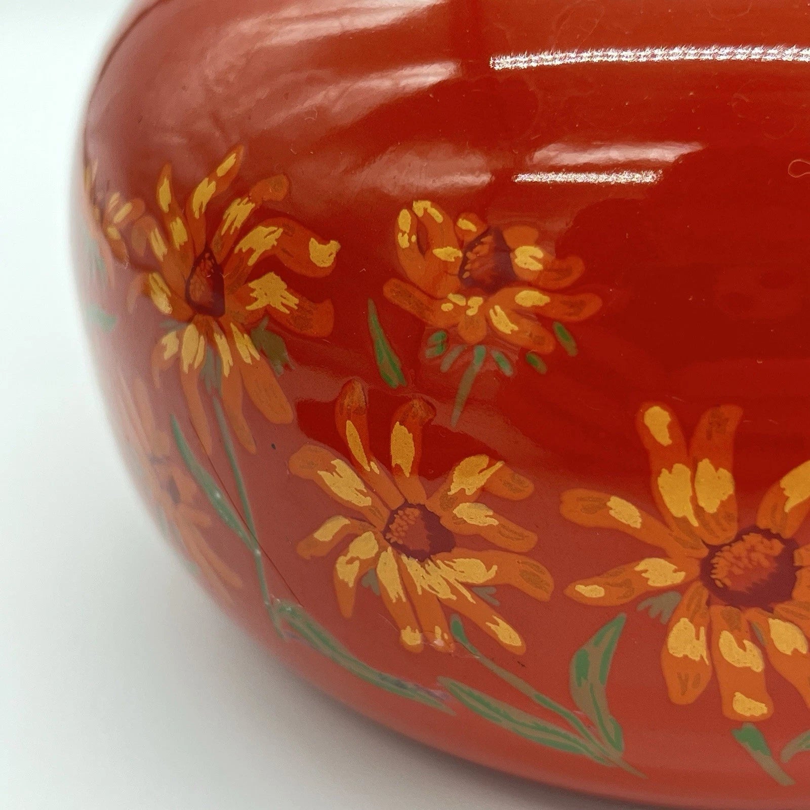 Boho Style VTG Enamel Tea Kettle Red Orange w Daisies & Teak Handle *DECOR ONLY*