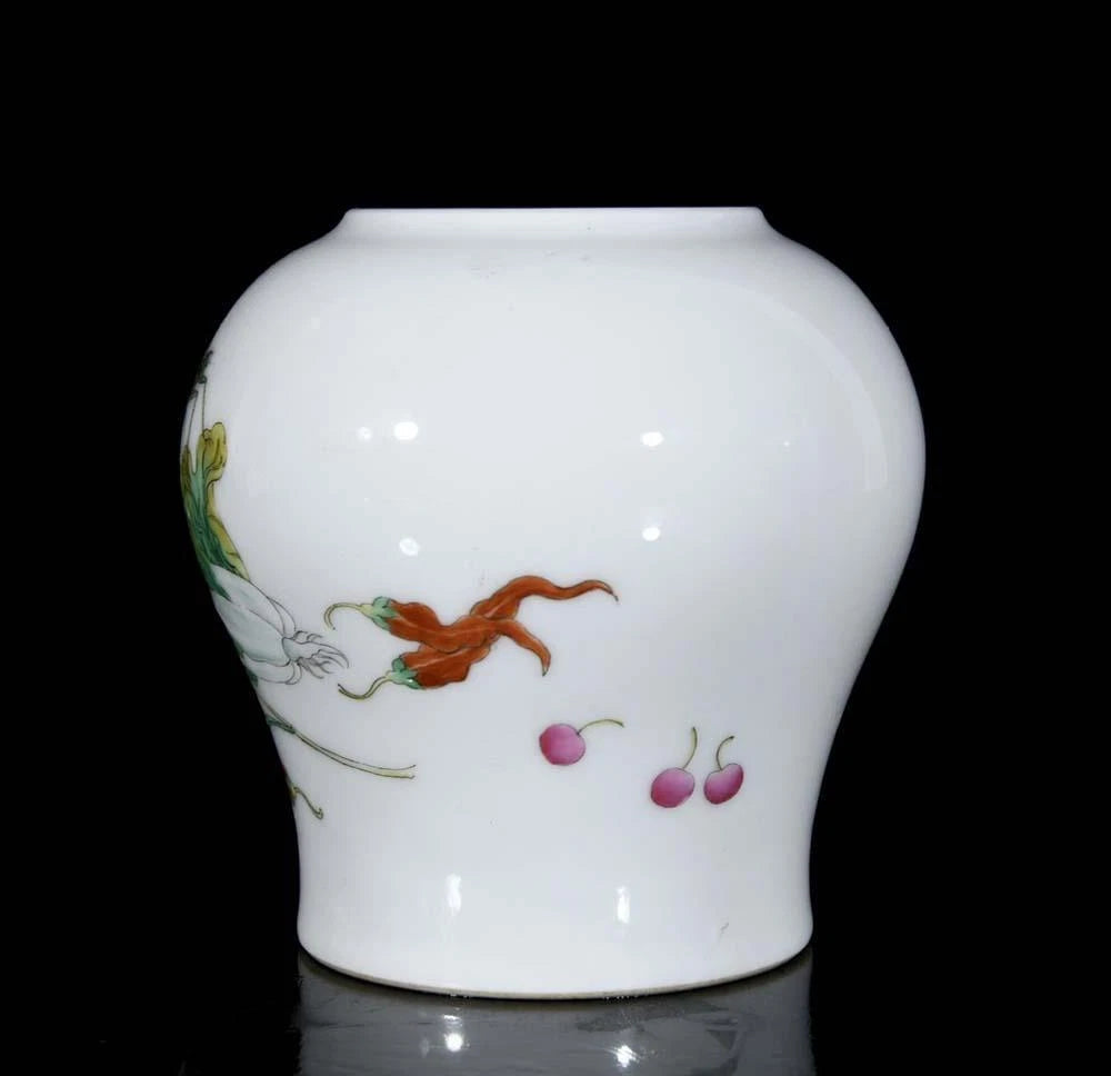 Qianlong Signed Pair Old Chinese Colour Enamel Lid Pot W/cabbage N3580