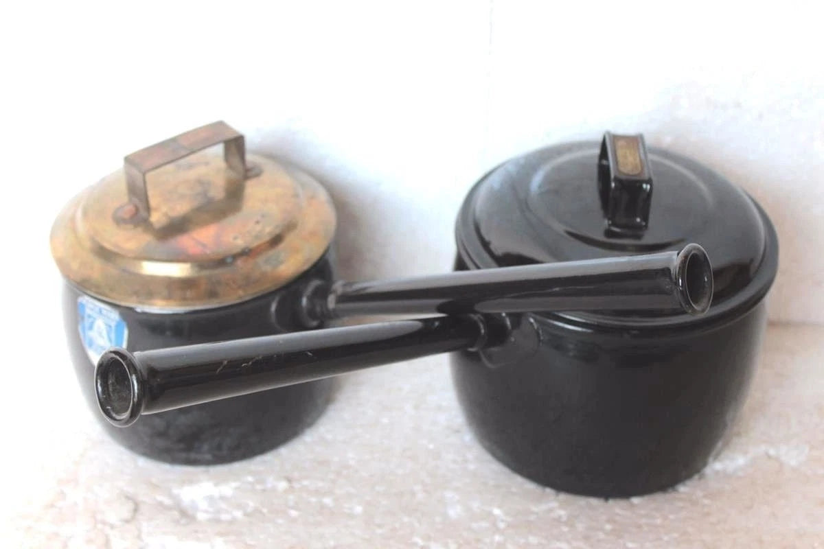 Enamel Tea Pot  With Handle 2 Pc Old Vintage Kitchenware Collectible