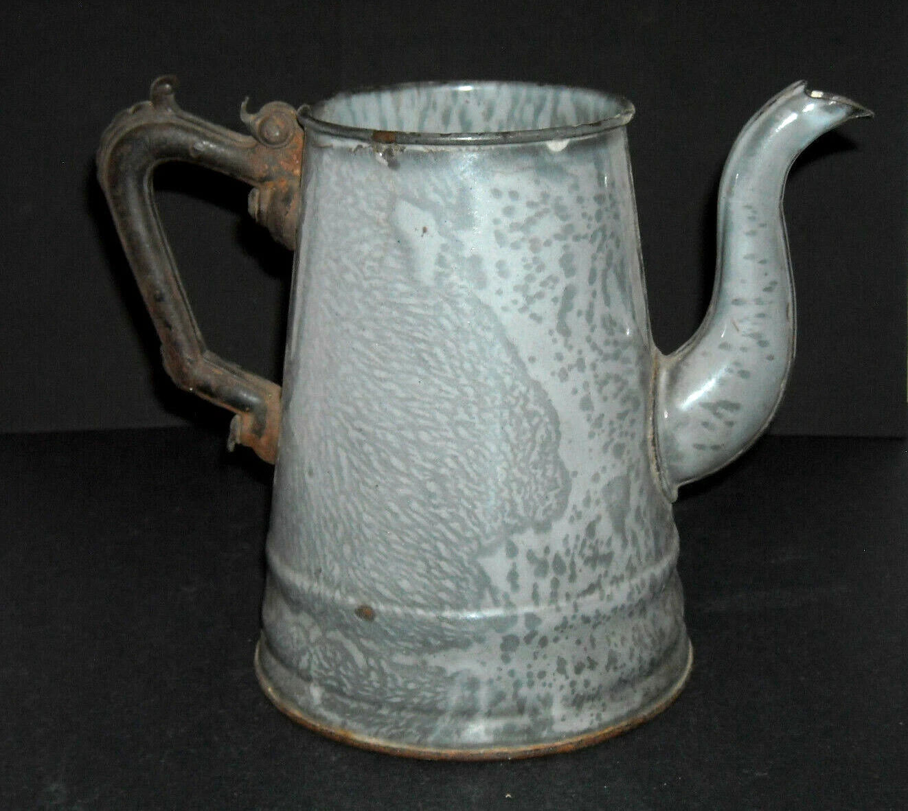 Early Grey Graniteware Teapot Enamel Ware - Primitive Elaborate Metal Handle