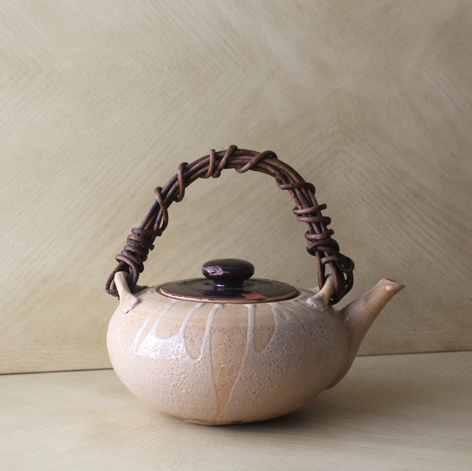 Vtg Asian Chinese Japanese Ceramic Clay Enameled Flat Teapot Kettle Raku Ware?