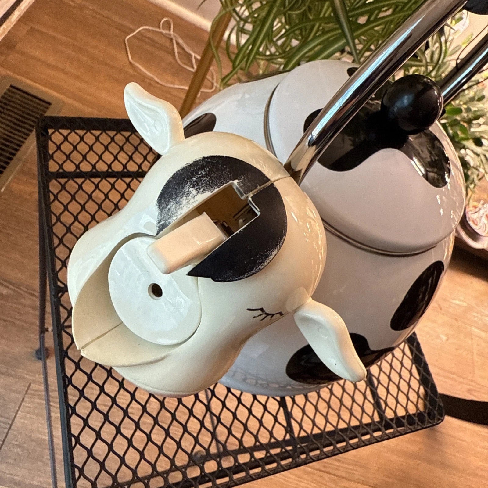 Vintage M Kamenstein Black White Cow Whistling Tea Kettle Teapot