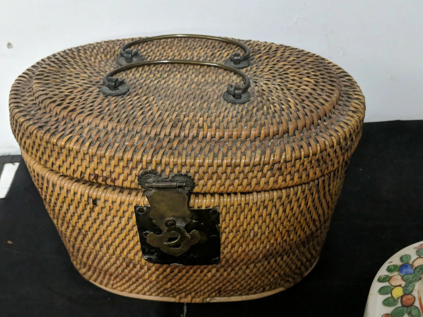 Vintage CHINESE TEA SET in Warmer Wicker basket with Teapot and 2 Cups