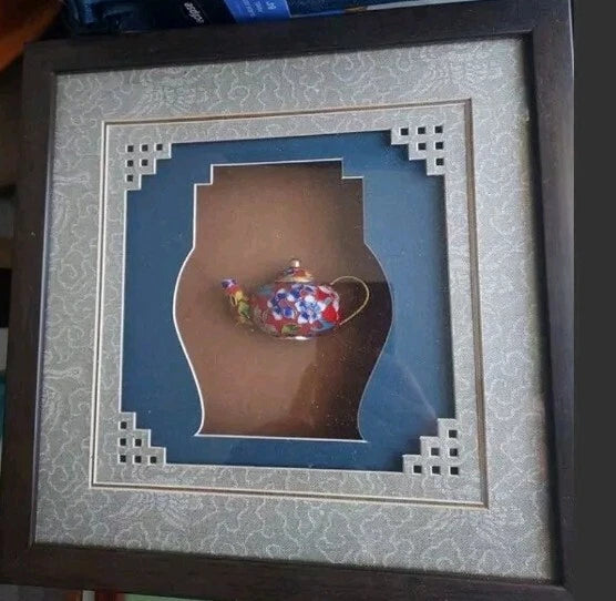 Cloisonne Enamel Chinese Red White Floral Mini Teapot in Shadow Box Framed
