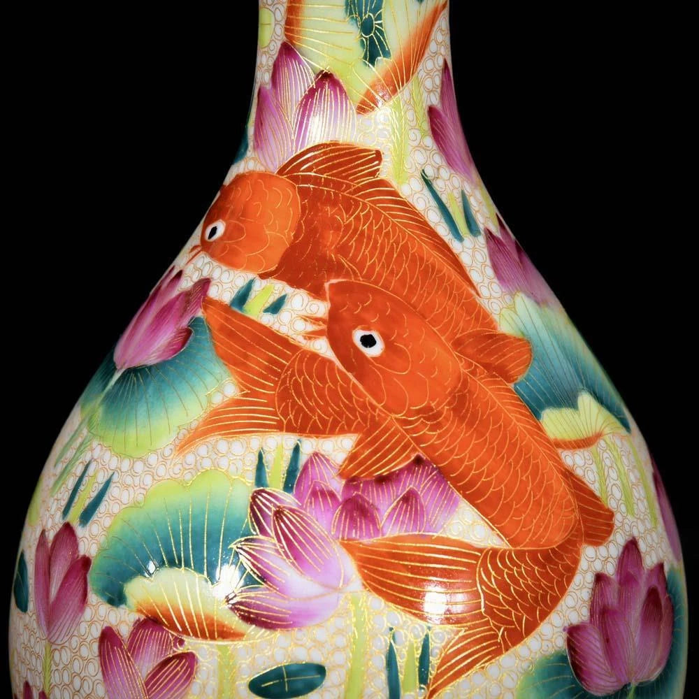 Qianlong Signed Old Chinese Colour Enamel Vase W/fish N3673