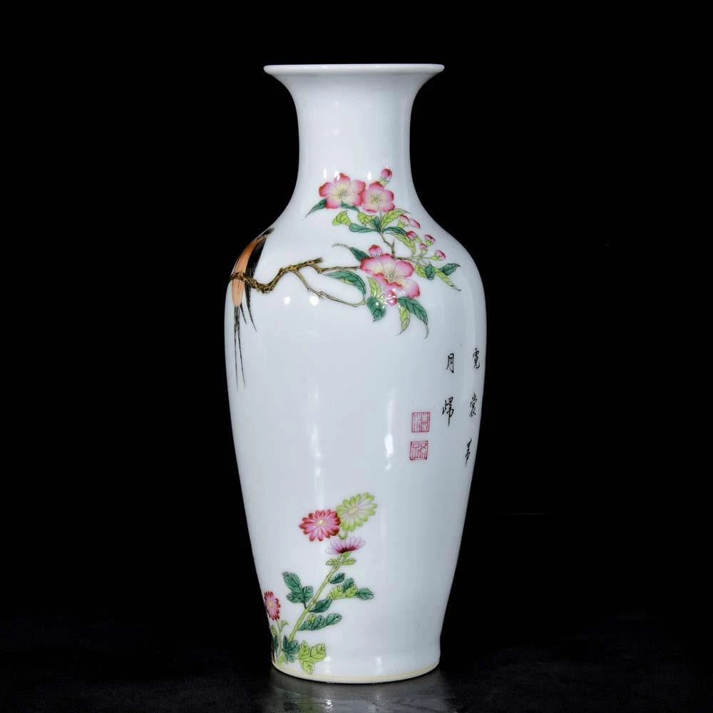 Qianlong Signed Old Chinese Colour Enamel Vase W/flower N3308