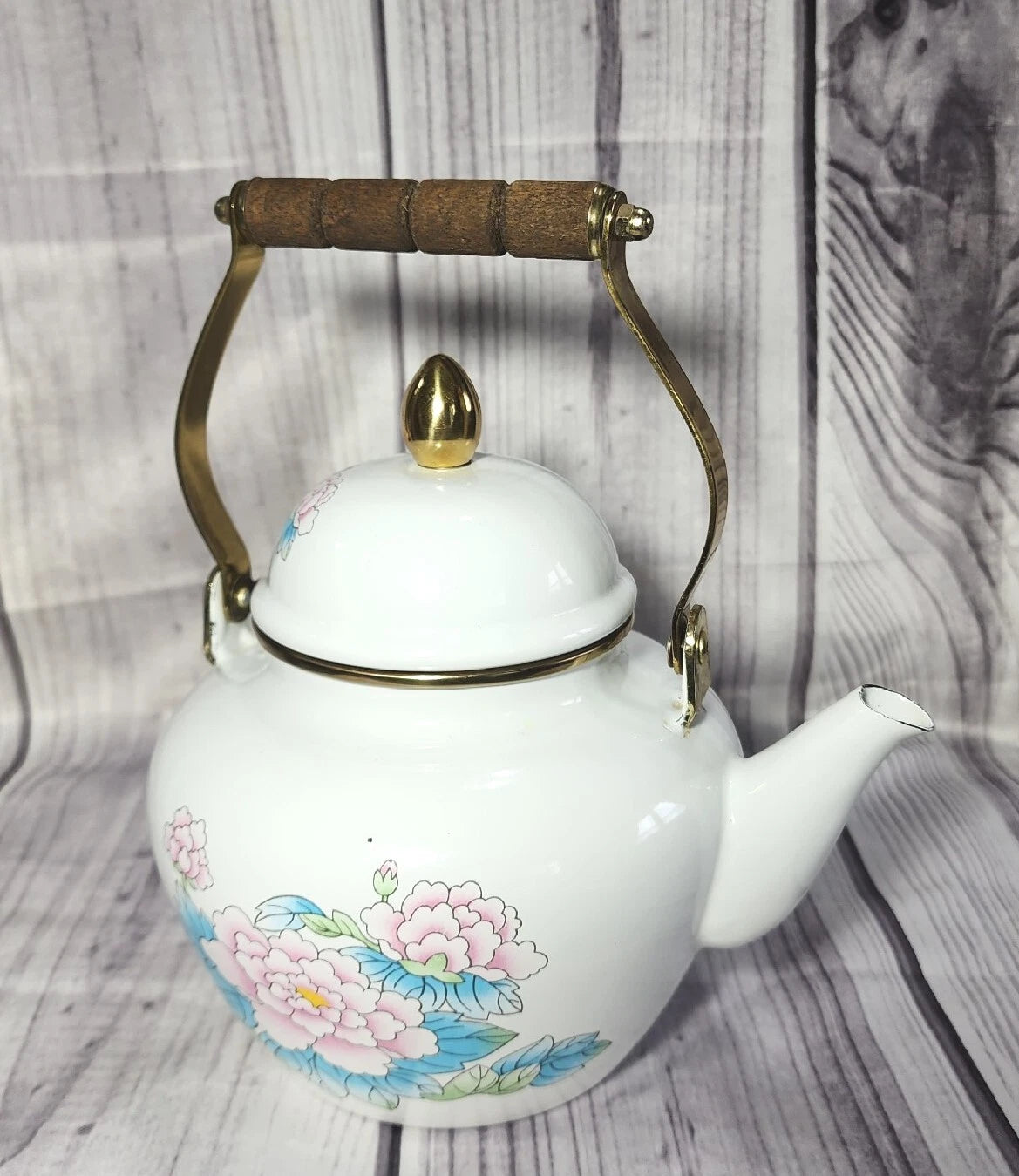 Vtg 1988 Tea Kettle Pot Enamel White Poppies Flowers Brass National Housewares