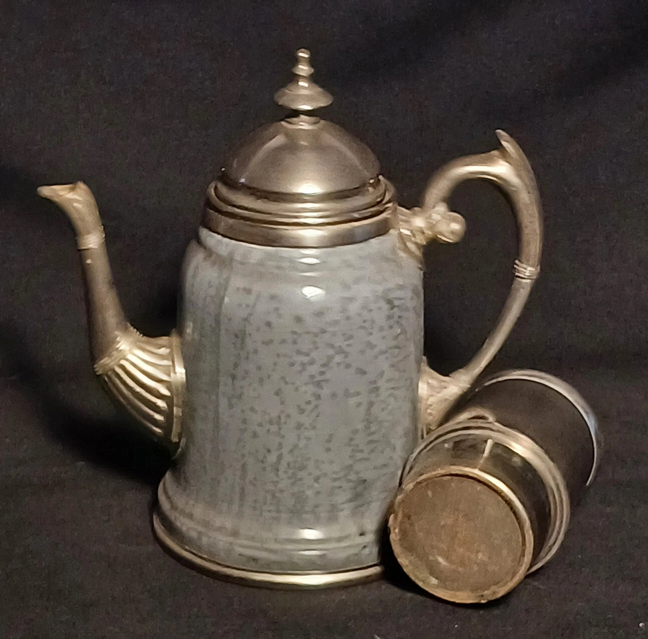 Antique Manning Bowing Gray Graniteware Enamelware Pewter Tea Coffee Set
