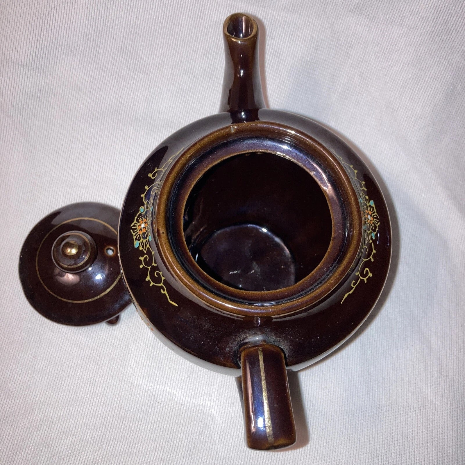 Brown Ceramic Tea Pot with Lid - Gold Trim Enameled Flowers 5 1/2" Made inJapan
