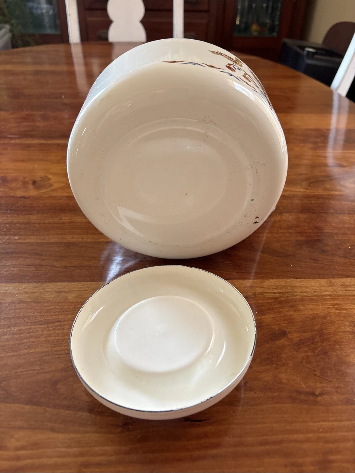 Vintage 1980s Country Geese Metal Enamel & Wood Tea Kettle