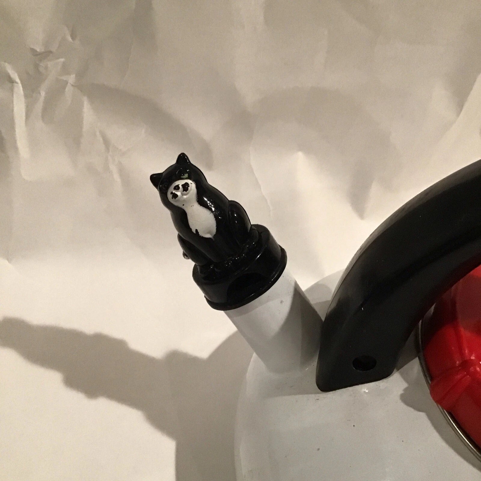 Red And White Enamel Kitty Cat Tea Kettle W/ Small Repair - Discounted