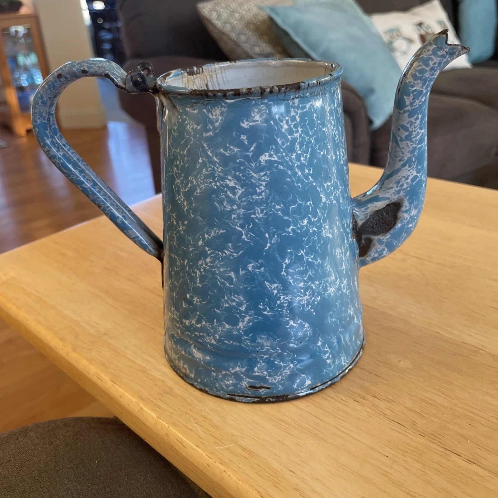 VTG Robin Egg Blue Splatter Swirl Graniteware Enamelware 6” Teapot No Lid