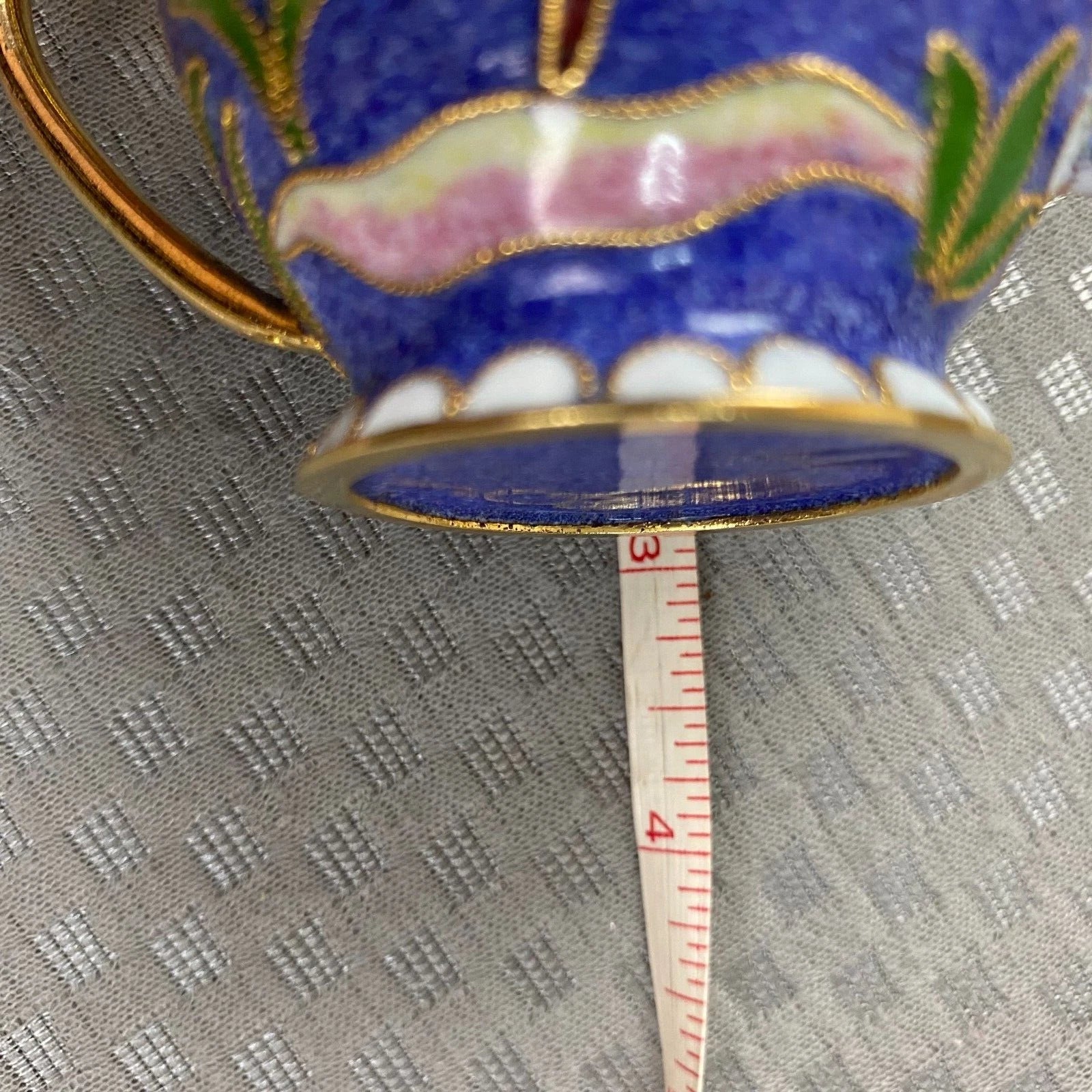 Vtg Miniature Cobalt Blue Enamel Gilded Cloisonne Floral Metal Back Teapot & Lid