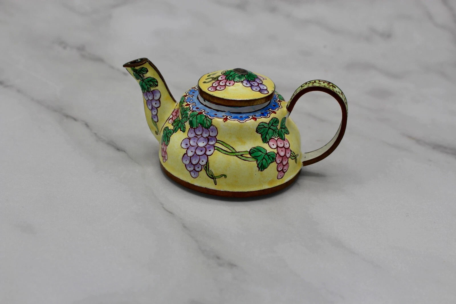 Cute Small Enamel on Copper Teapot Figurine