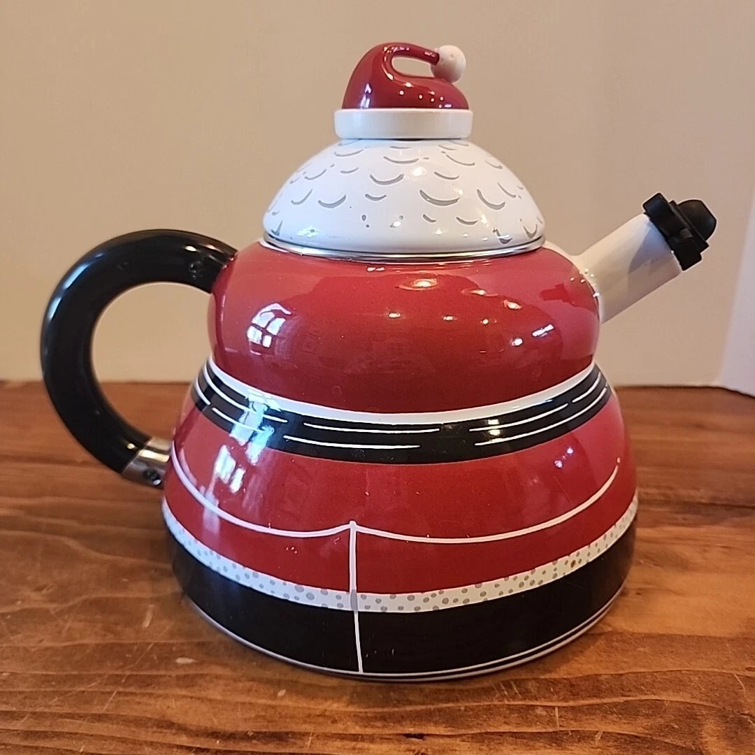 Vintage Santa Claus Enamel Whistling Tea Pot Kettle Holiday 3 Quart Christmas