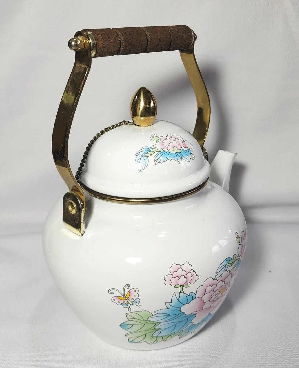 Vtg 1988 Tea Kettle Pot Enamel White Poppies Flowers Brass National Housewares