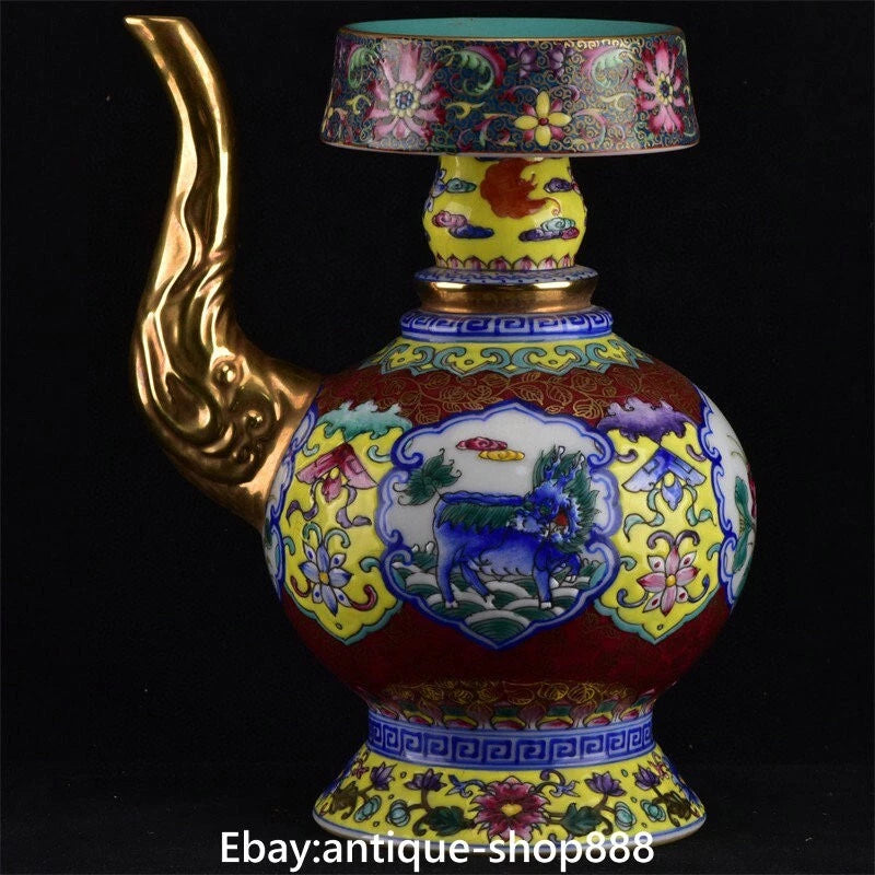 Qianlong Colour Enamel Porcelain Gilt Kylin Qilin Chilin Dragon Beast Kettle Pot