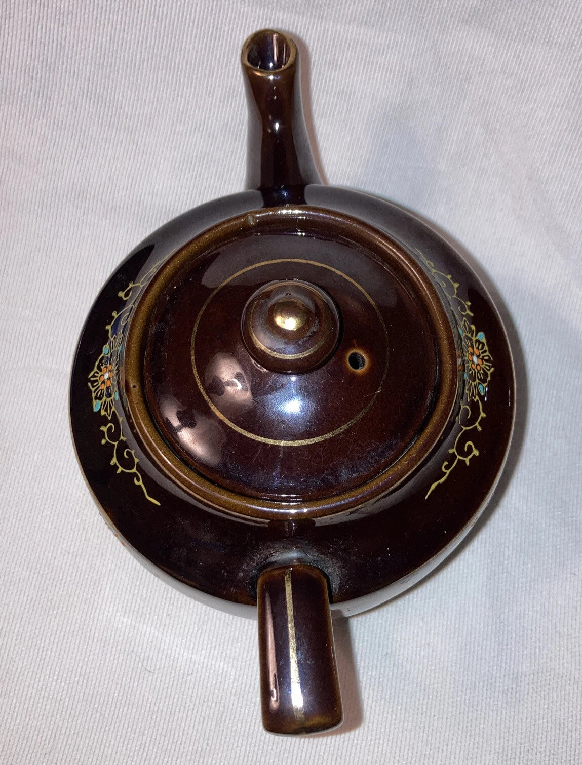Brown Ceramic Tea Pot with Lid - Gold Trim Enameled Flowers 5 1/2" Made inJapan