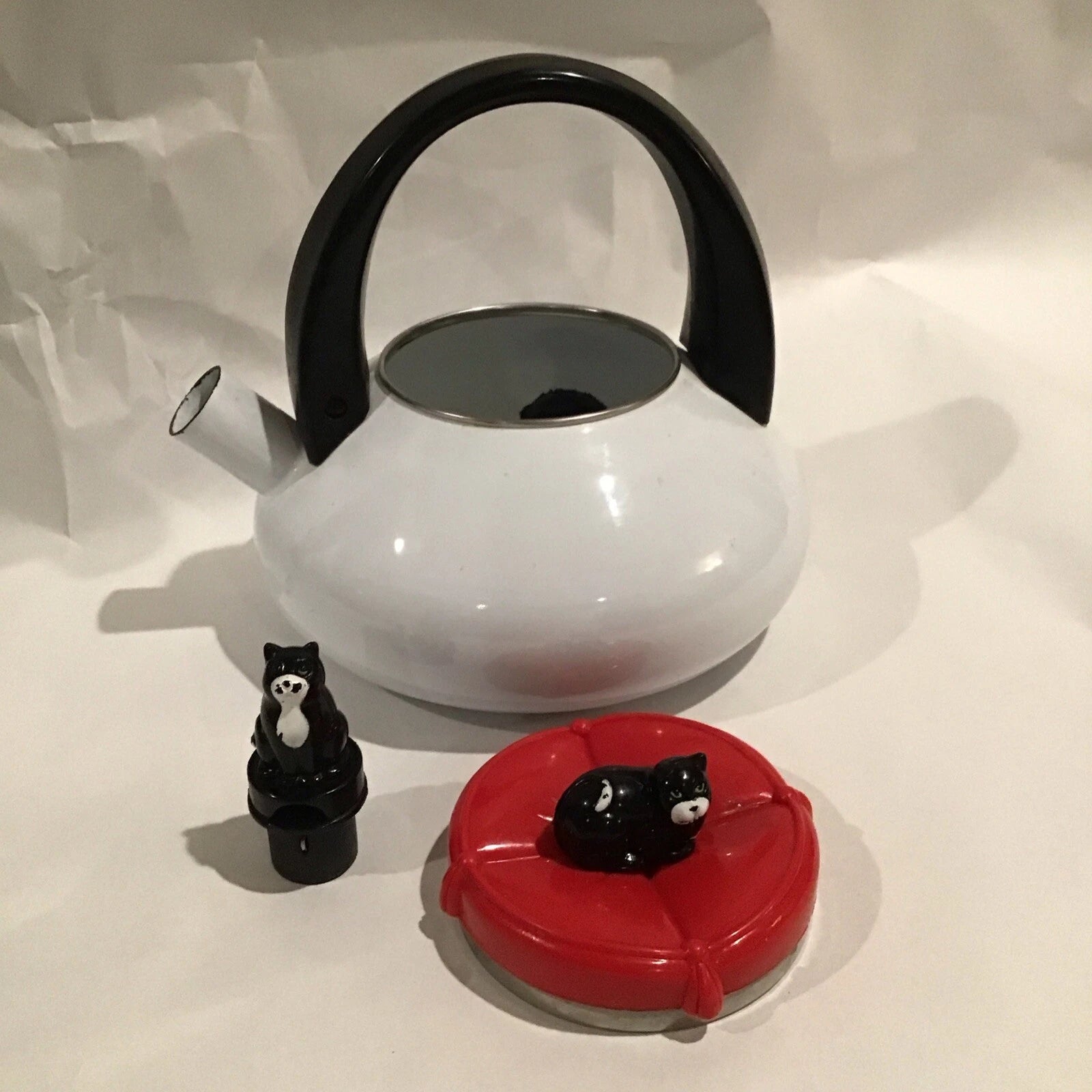 Red And White Enamel Kitty Cat Tea Kettle W/ Small Repair - Discounted