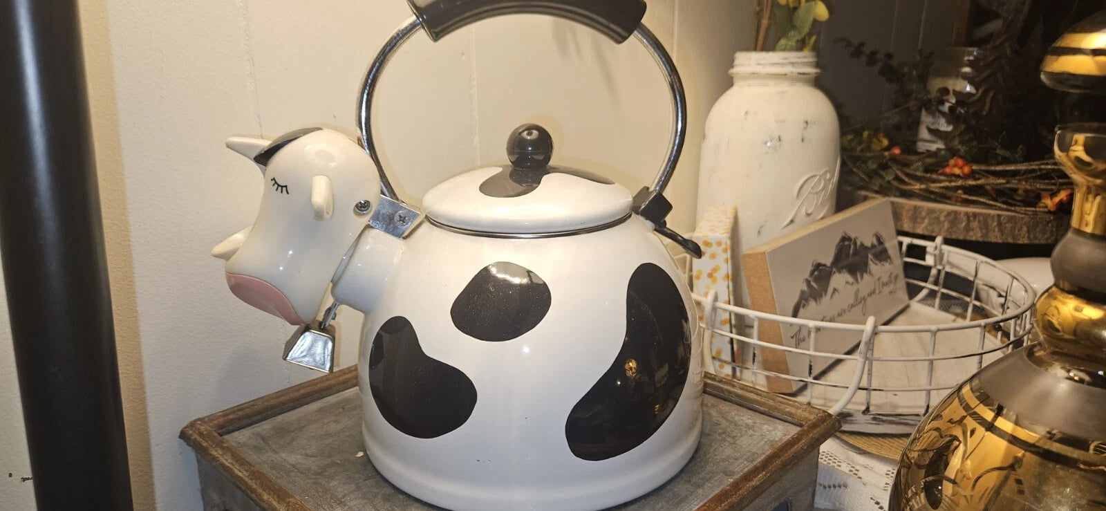 Vintage M Kamenstein Cow Tea Kettle Enamel Whistling Teapot