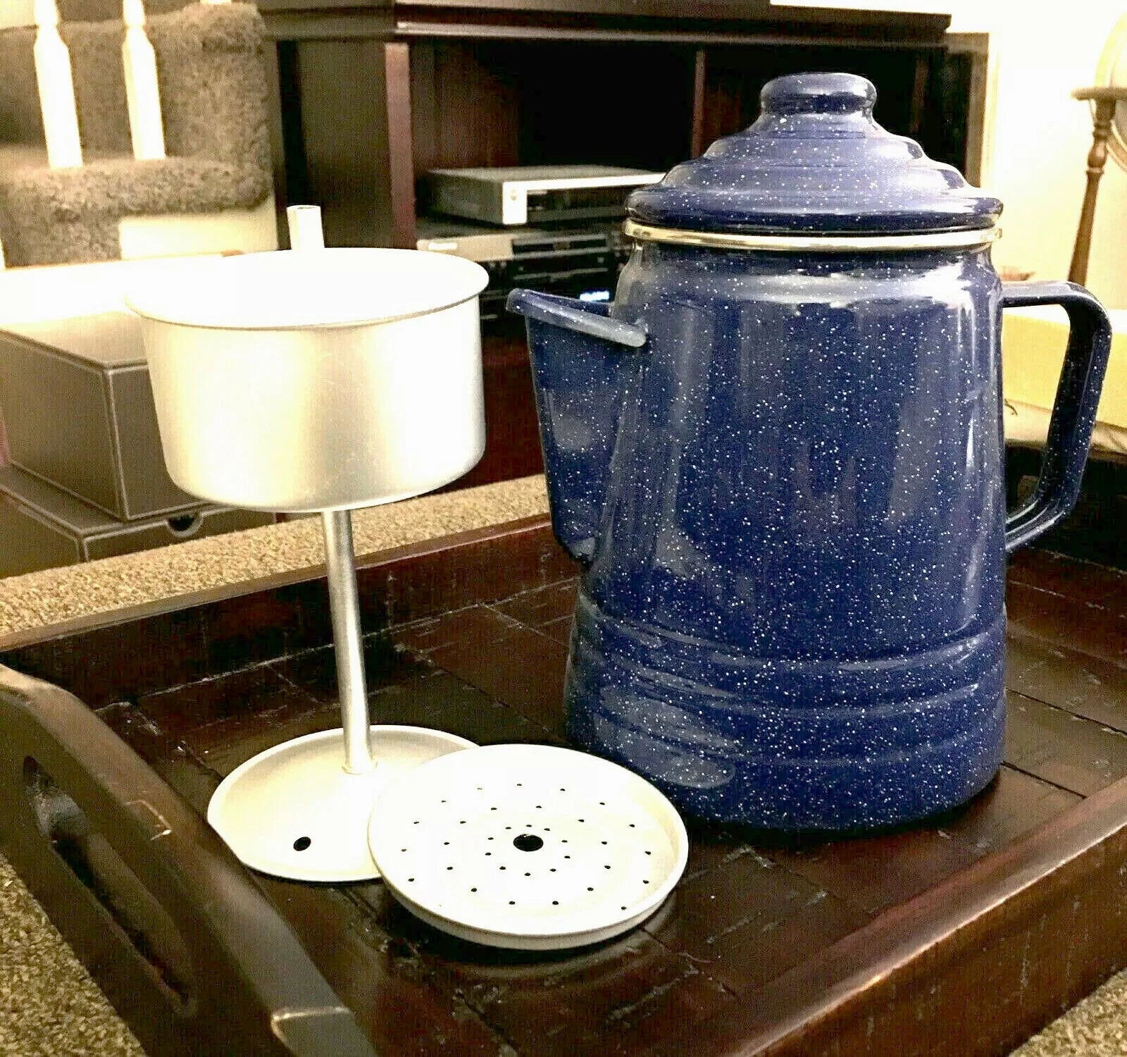 GranitewareBlue Enamelware Coffee/TeaPot  PitcherW/Coffee Percolator NEW.