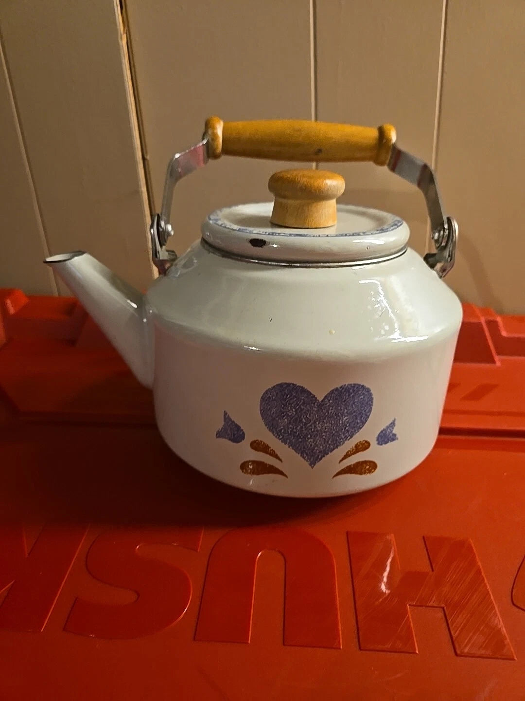 Vintage 80s Blue Hearts Enamel Kettle by Jay Made in Taiwan Wood Handle EUC