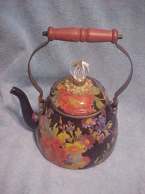 MacKENZIE CHILDS 2 QT BLACK FLOWER MARKET TEA KETTLE DISPLAY UNUSED