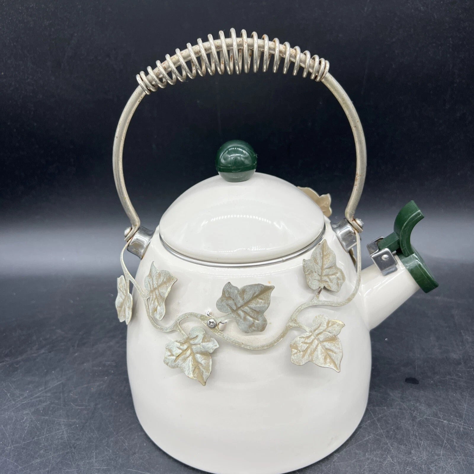 VTG Via Ancona White Enamel Whistling Tea Kettle Ivory, Green Knob Ivy Garland