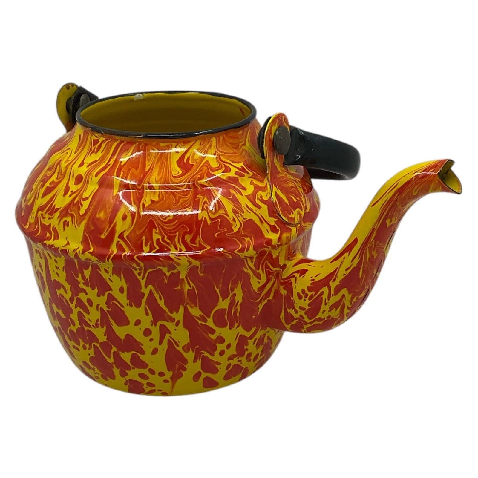 Orange Yellow Tea Pot Kettle Vntg Enamelware Splatter Swirl Graniteware No Lid