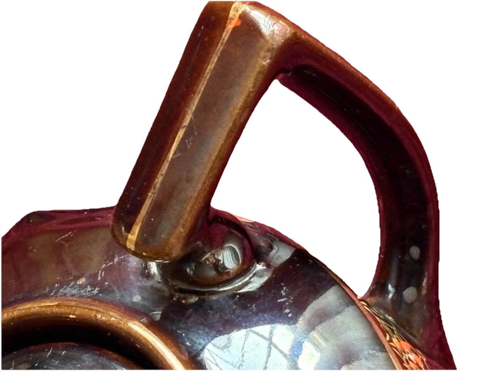 Vtg Japanese Redware Teapot Brown Betty Moriage Enamel Hand Painted Deco 2 Chips