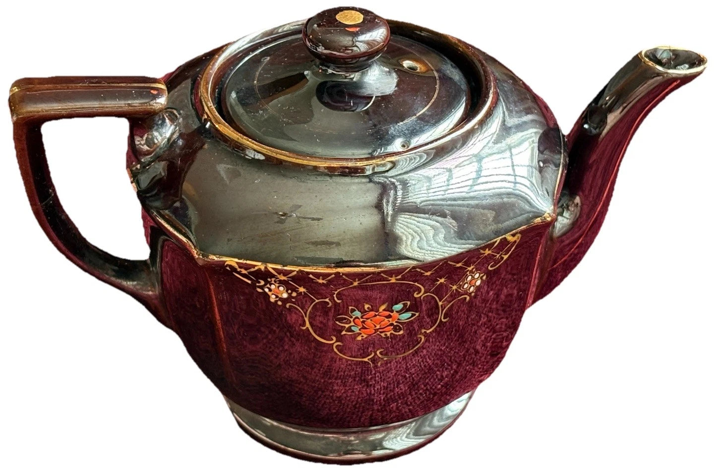 Vtg Japanese Redware Teapot Brown Betty Moriage Enamel Hand Painted Deco 2 Chips